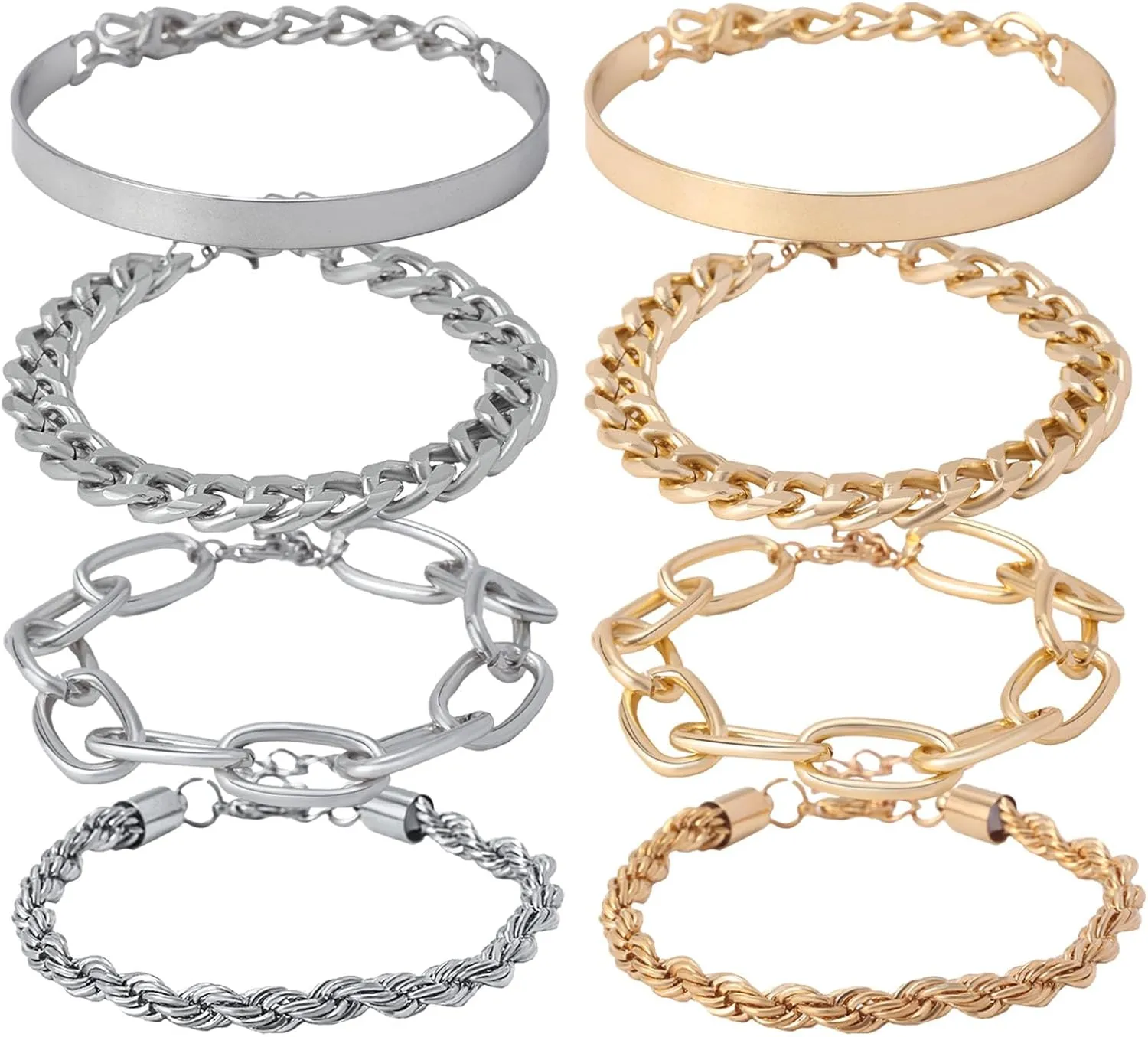6/8Pcs Gold Silver Chain Bracelets Set for Women Stackable Bracelets for Women Paperclip Chain Bracelets Set Layered Link Bracelets Adjustable Metal Bracelet Set Jewelry Gift