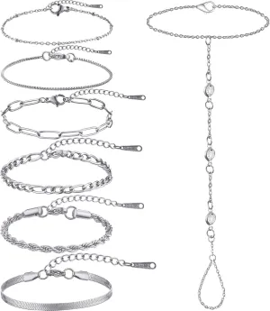 7 Pcs 925 Silver Gold Bracelets for Women Waterproof, Trendy Chain Thin Dainty Cuban Style Paperclip Chain Bracelet with Rings Attached Pack Plated Stack Sets Paperclip wedding mother girlfriend Gifts