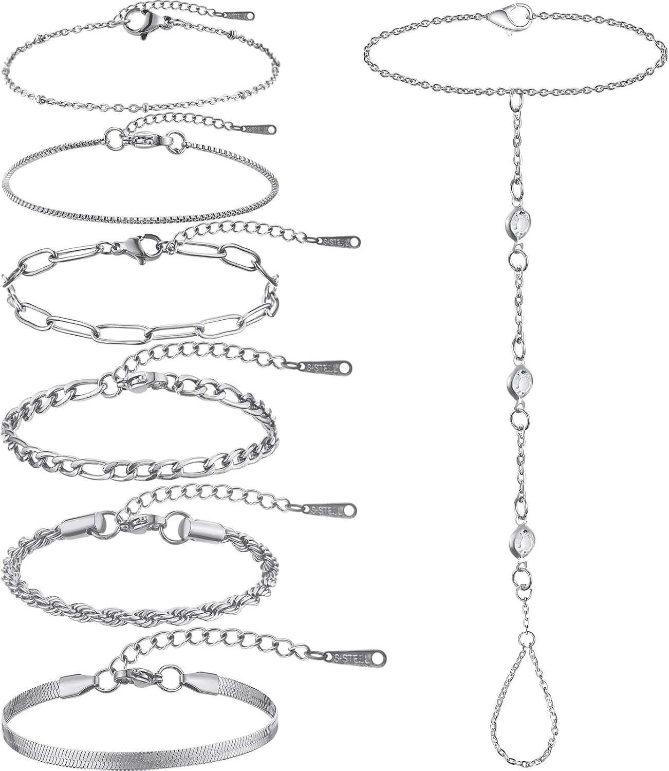 7 Pcs 925 Silver Gold Bracelets for Women Waterproof, Trendy Chain Thin Dainty Cuban Style Paperclip Chain Bracelet with Rings Attached Pack Plated Stack Sets Paperclip wedding mother girlfriend Gifts
