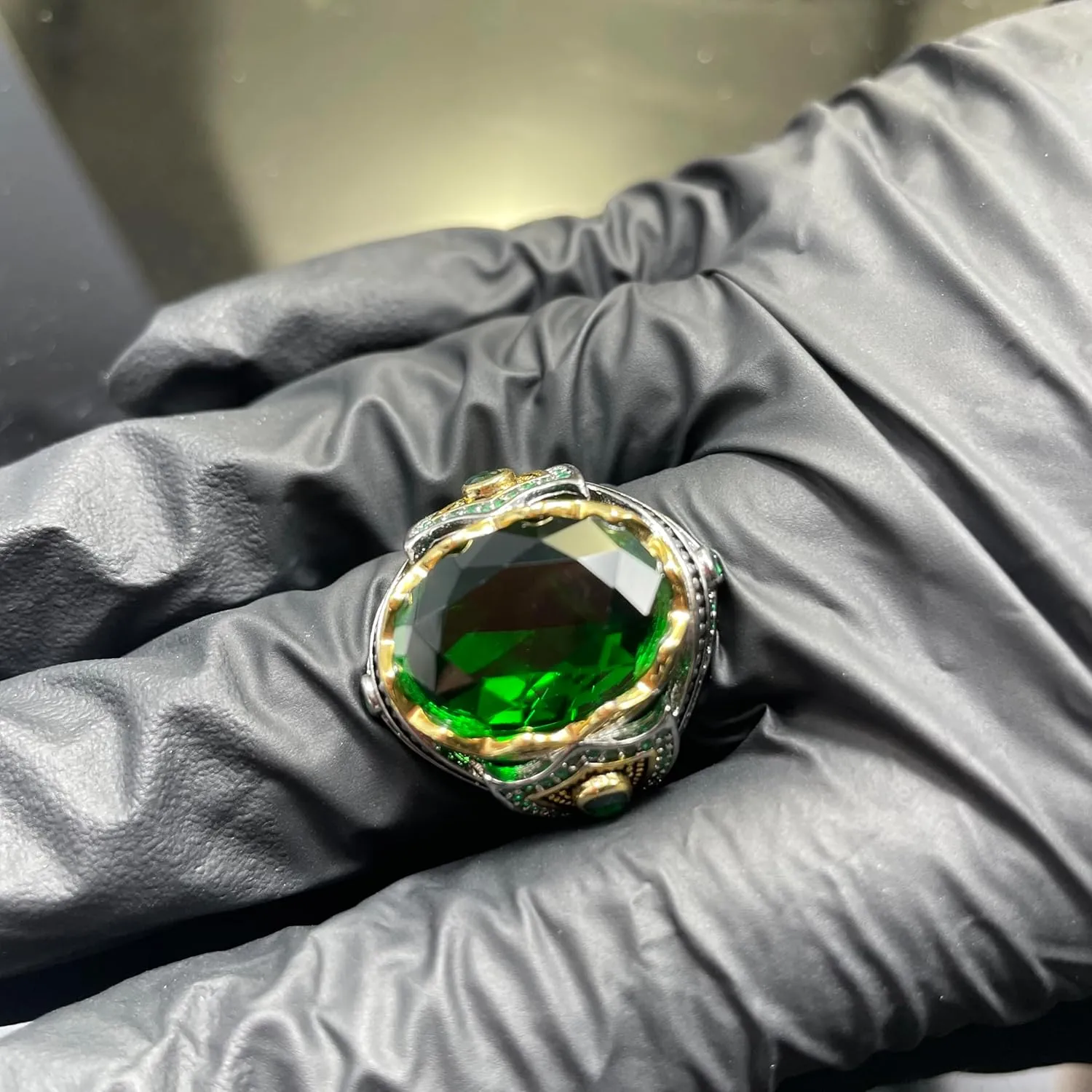 925 Silver Emerald Ring for Men - Handmade Engraved Turkish Style With Gemstone
