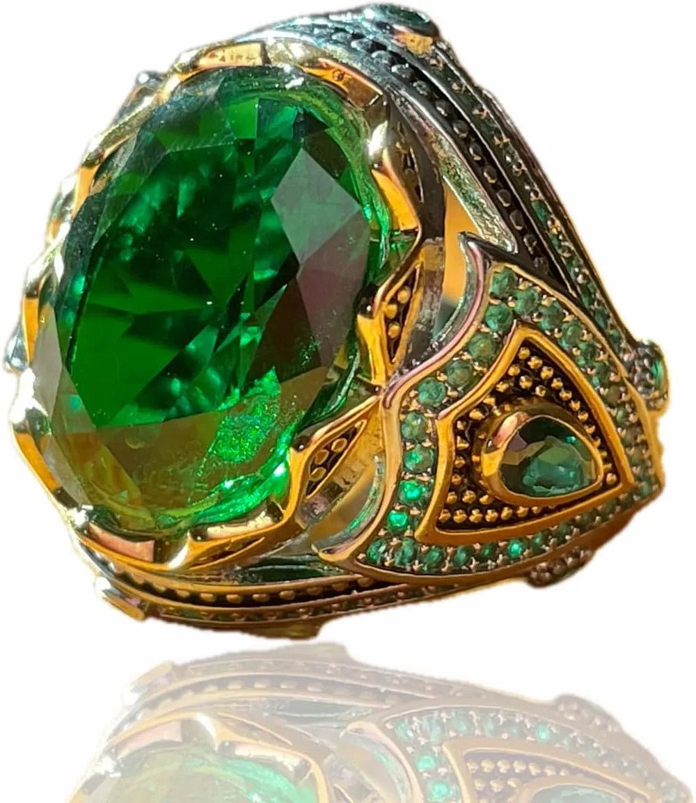 925 Silver Emerald Ring for Men - Handmade Engraved Turkish Style With Gemstone