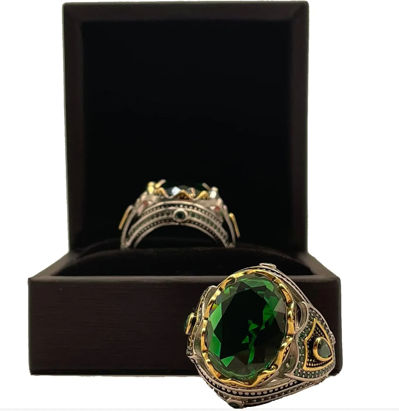 925 Silver Emerald Ring for Men - Handmade Engraved Turkish Style With Gemstone