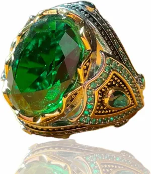 925 Silver Emerald Ring for Men - Handmade Engraved Turkish Style With Gemstone
