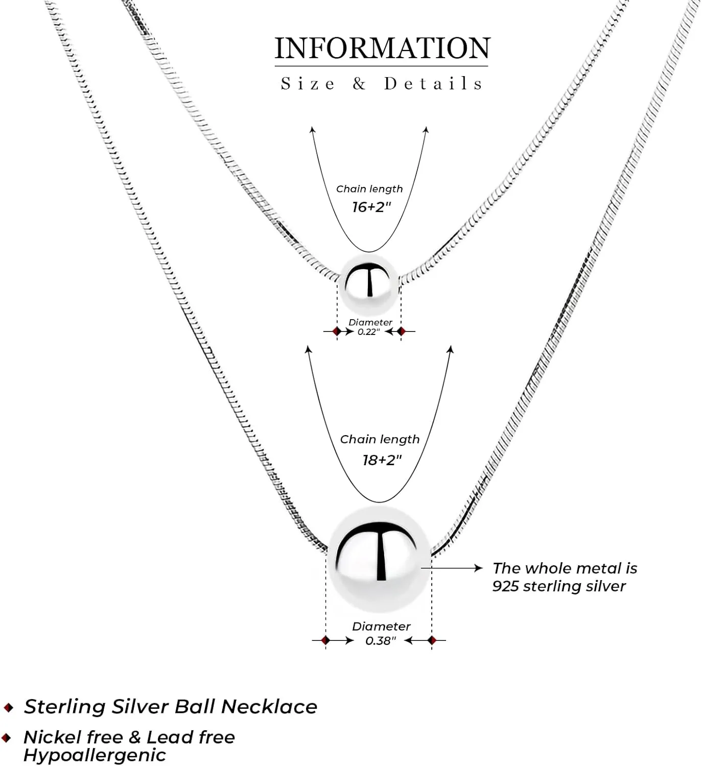 925 Sterling Silver Ball Bead Pendant Necklaces for Women, Silver Ball Necklaces for Women Mom Birthday