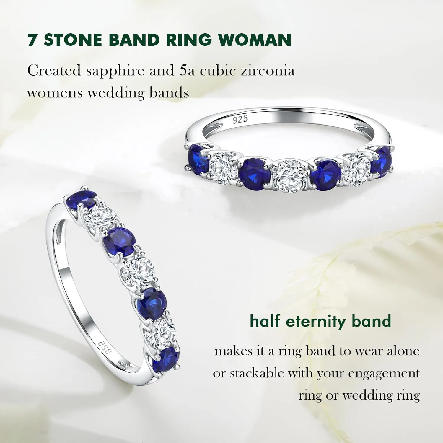 925 Sterling Silver Birthstone Rings for Women Created Gemstone Half Eternity Band 7 Stone Cubic Zirconia Wedding Band Birthstone Jewelry Size 6-10
