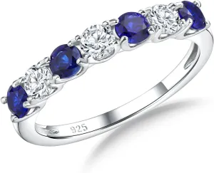925 Sterling Silver Birthstone Rings for Women Created Gemstone Half Eternity Band 7 Stone Cubic Zirconia Wedding Band Birthstone Jewelry Size 6-10