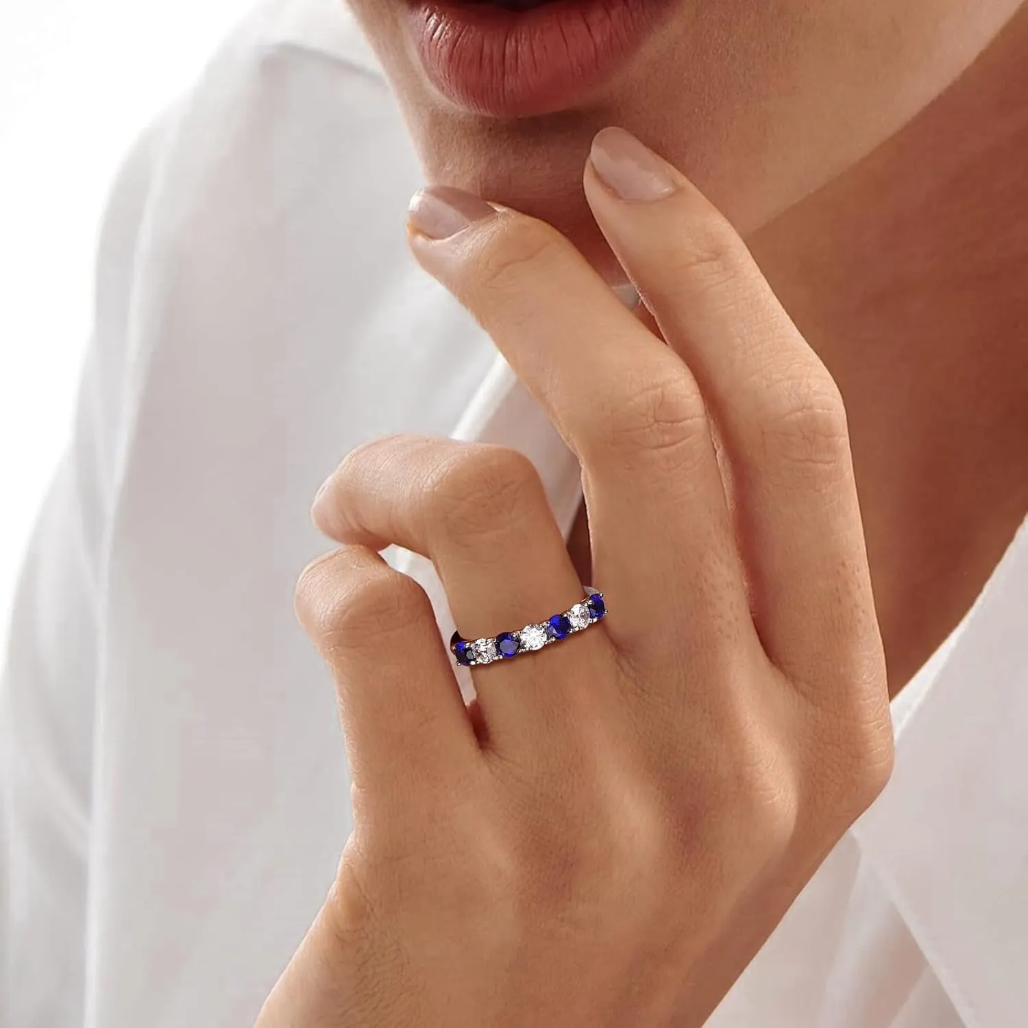 925 Sterling Silver Birthstone Rings for Women Created Gemstone Half Eternity Band 7 Stone Cubic Zirconia Wedding Band Birthstone Jewelry Size 6-10
