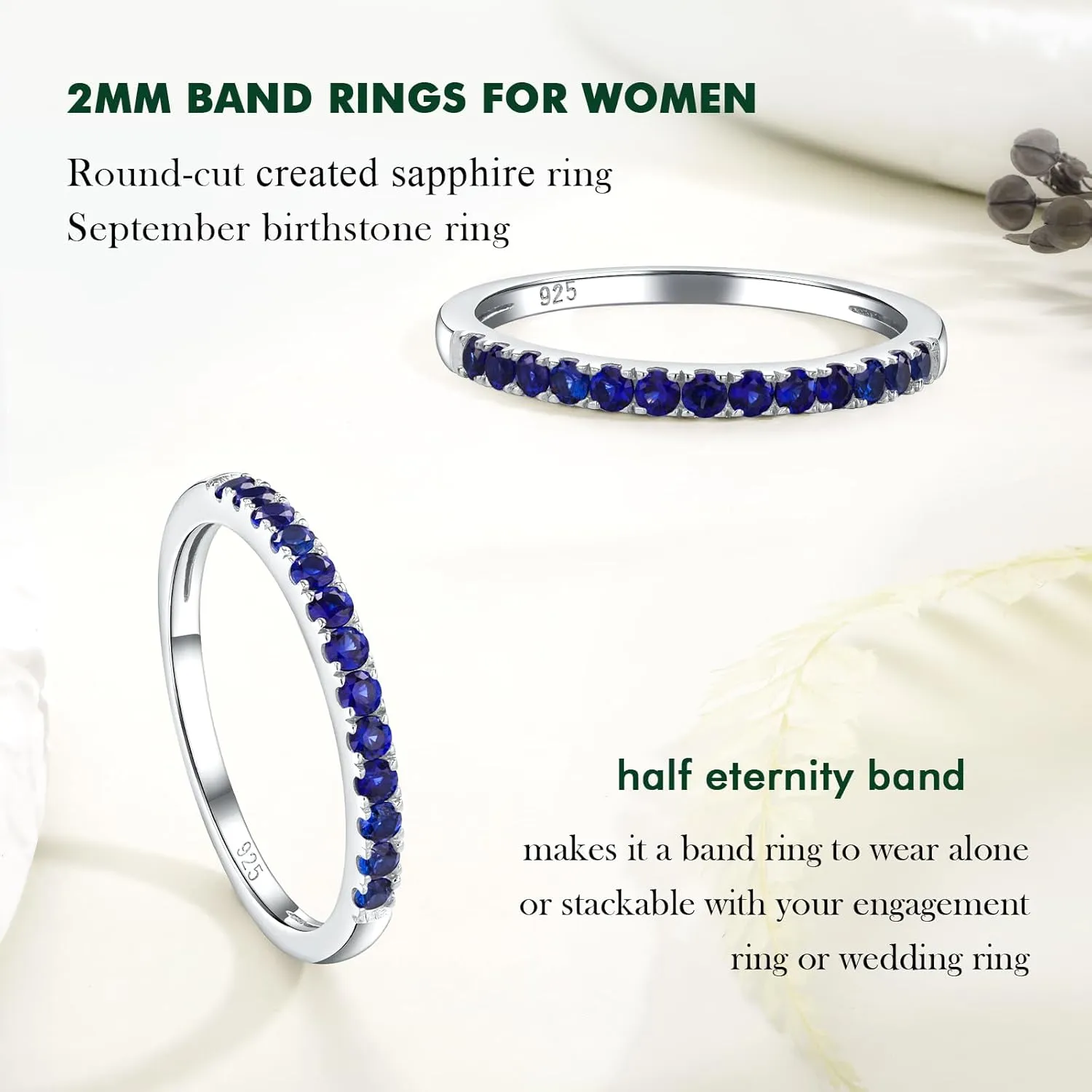925 Sterling Silver Birthstone Rings for Women Wedding Band Created Gemstone Half Eternity Stackable Engagement Ring Anniversary Band Size 6 to 10