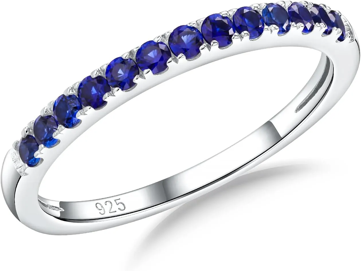 925 Sterling Silver Birthstone Rings for Women Wedding Band Created Gemstone Half Eternity Stackable Engagement Ring Anniversary Band Size 6 to 10