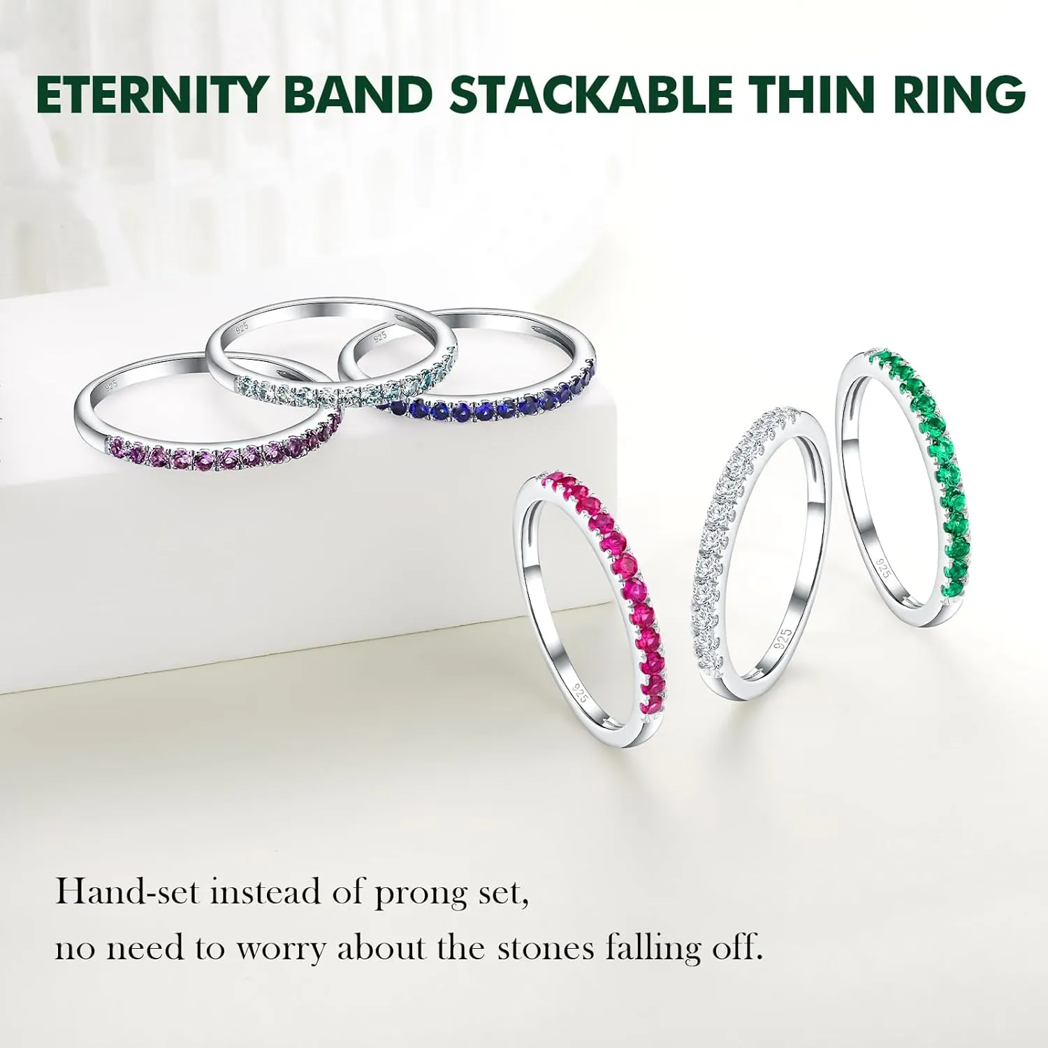 925 Sterling Silver Birthstone Rings for Women Wedding Band Created Gemstone Half Eternity Stackable Engagement Ring Anniversary Band Size 6 to 10