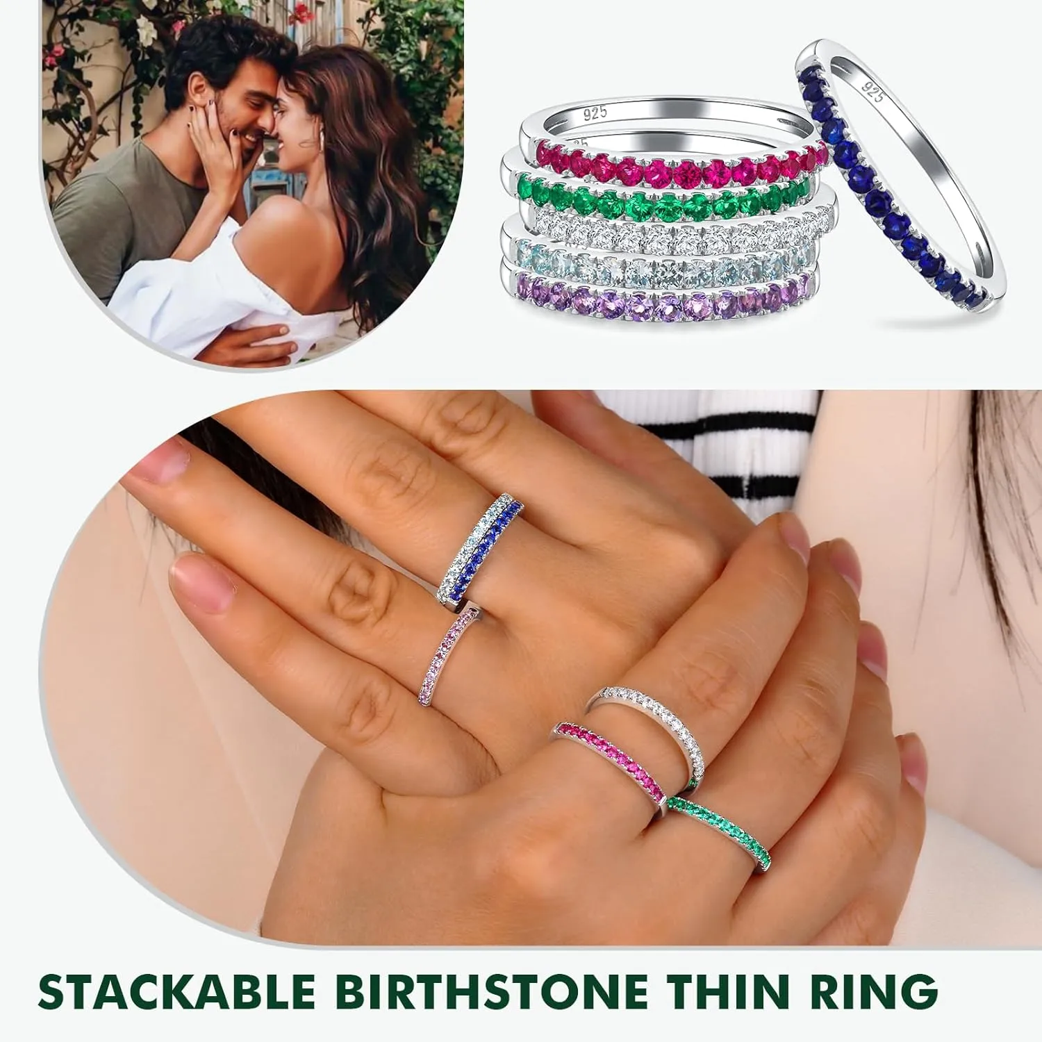 925 Sterling Silver Birthstone Rings for Women Wedding Band Created Gemstone Half Eternity Stackable Engagement Ring Anniversary Band Size 6 to 10