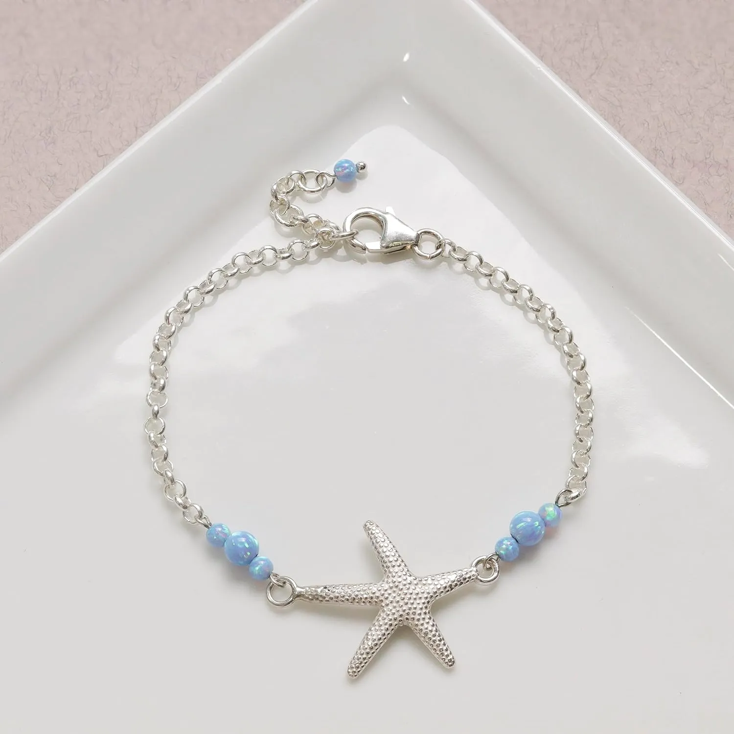 925 Sterling Silver Blue Opal Bracelets for Women - October Birthstone Bracelet Sterling Silver - Minimalist Bracelets for Women - Sterling Silver Bracelet - Beach Wedding Bracelets for Brides