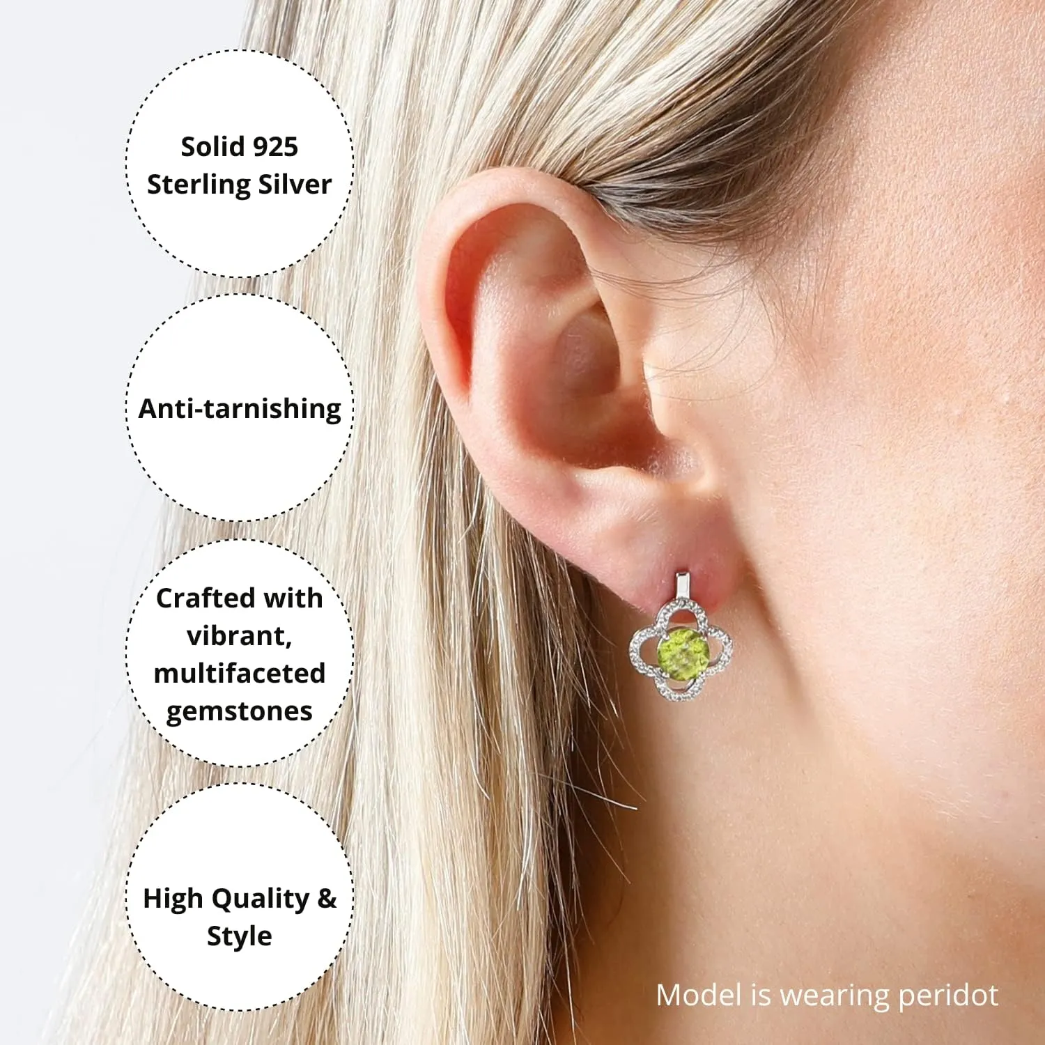 925 Sterling Silver Clover Stud Earrings for Women with Push Backs Genuine White Topaz Accents and 7mm Round Gemstone by MAX   STONE