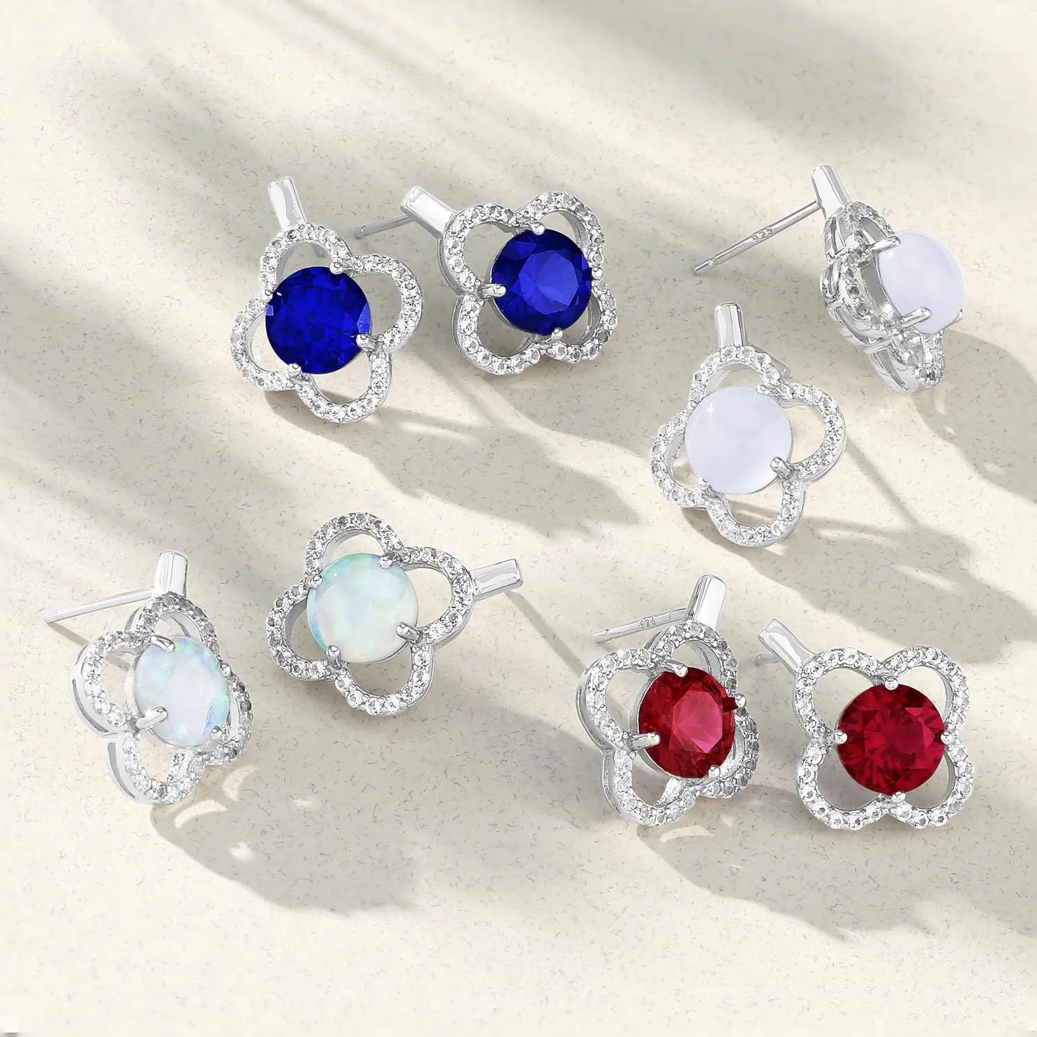 925 Sterling Silver Clover Stud Earrings for Women with Push Backs Genuine White Topaz Accents and 7mm Round Gemstone by MAX   STONE