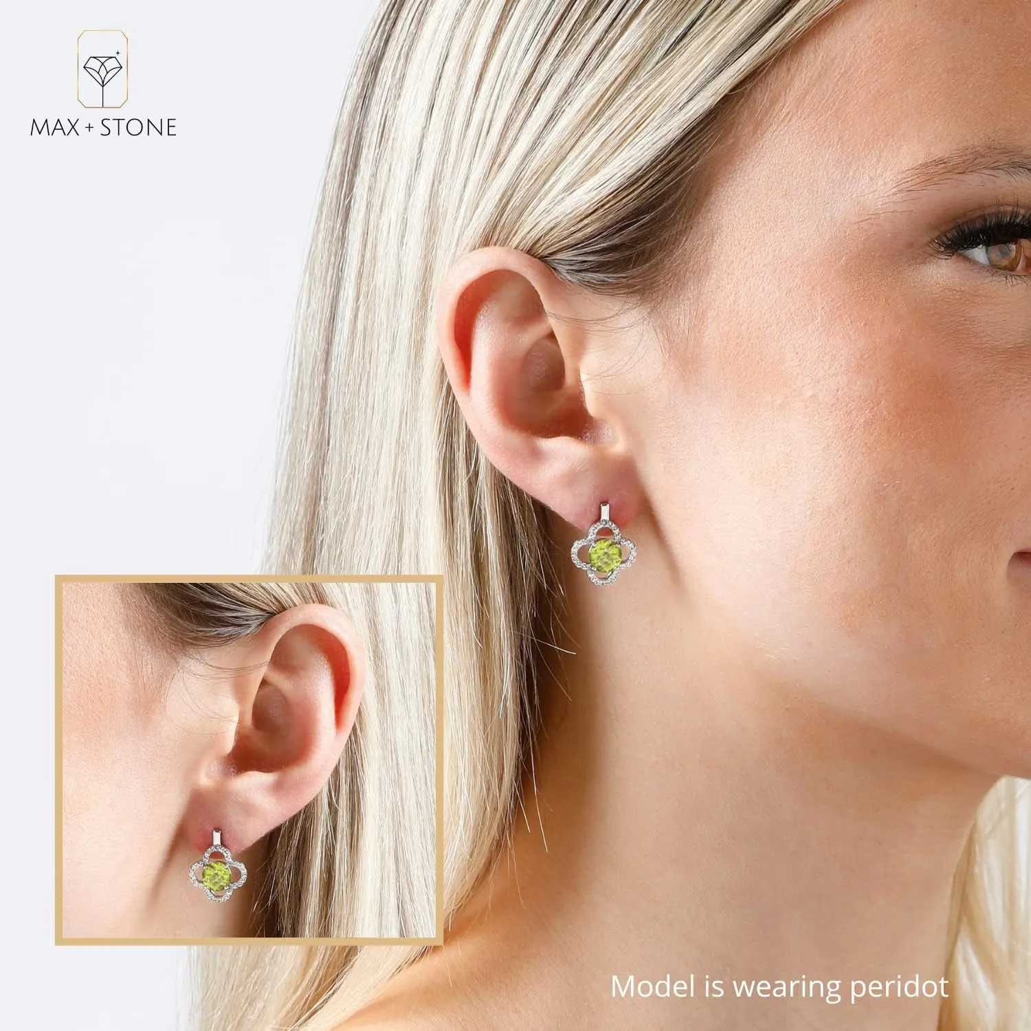 925 Sterling Silver Clover Stud Earrings for Women with Push Backs Genuine White Topaz Accents and 7mm Round Gemstone by MAX   STONE