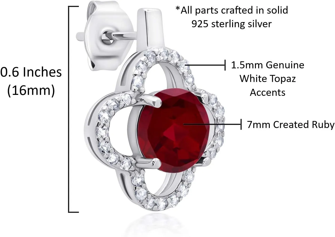 925 Sterling Silver Clover Stud Earrings for Women with Push Backs Genuine White Topaz Accents and 7mm Round Gemstone by MAX   STONE