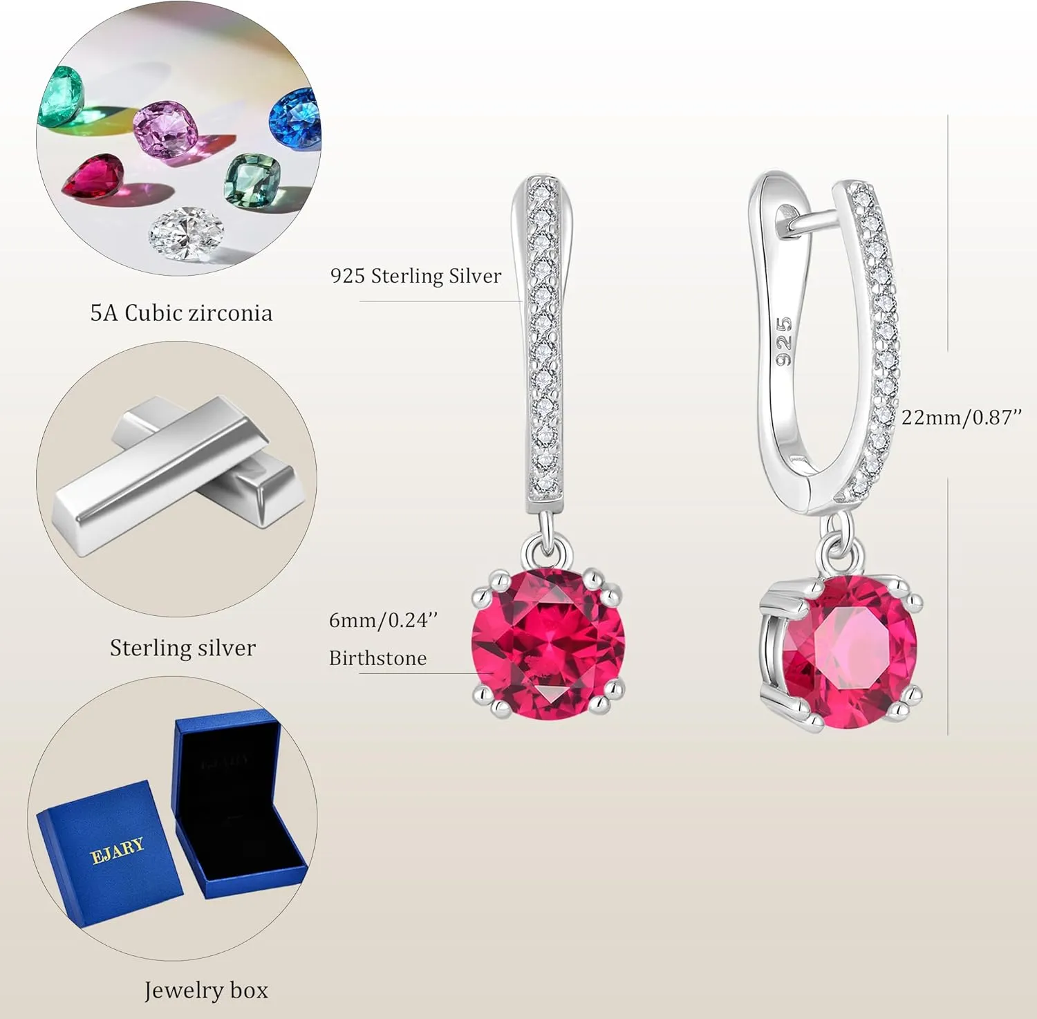 925 Sterling Silver Dangle Drop Birthstone Earrings for Women Cubic Zirconia Huggie Hoop Leverback Dangling Earring