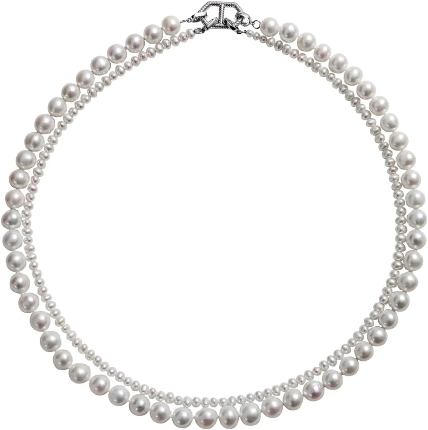 925 Sterling Silver Pearl Necklace, Silver Cute Necklaces for Women 2 Layered Pearl White Pearl Necklaces 42/46cm