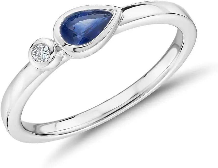 925 Sterling-Silver Stacking Ring Created-Blue Sapphire Faceted Gemstone Gorgeous Bezel-Set Pear-Shaped and a Round White Cubic Zircon Stone for Women Ring US Size 4 to 13