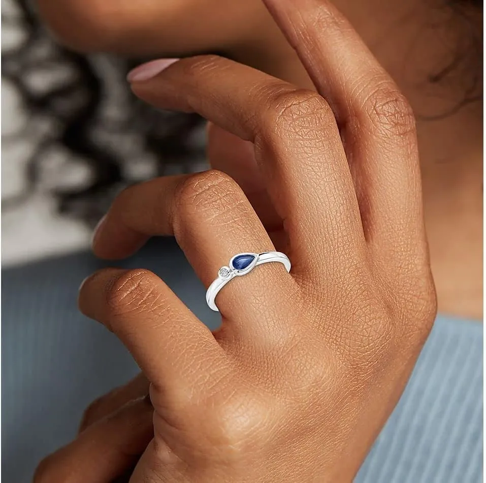 925 Sterling-Silver Stacking Ring Created-Blue Sapphire Faceted Gemstone Gorgeous Bezel-Set Pear-Shaped and a Round White Cubic Zircon Stone for Women Ring US Size 4 to 13