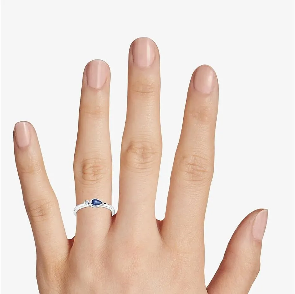 925 Sterling-Silver Stacking Ring Created-Blue Sapphire Faceted Gemstone Gorgeous Bezel-Set Pear-Shaped and a Round White Cubic Zircon Stone for Women Ring US Size 4 to 13