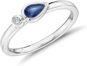 925 Sterling-Silver Stacking Ring Created-Blue Sapphire Faceted Gemstone Gorgeous Bezel-Set Pear-Shaped and a Round White Cubic Zircon Stone for Women Ring US Size 4 to 13