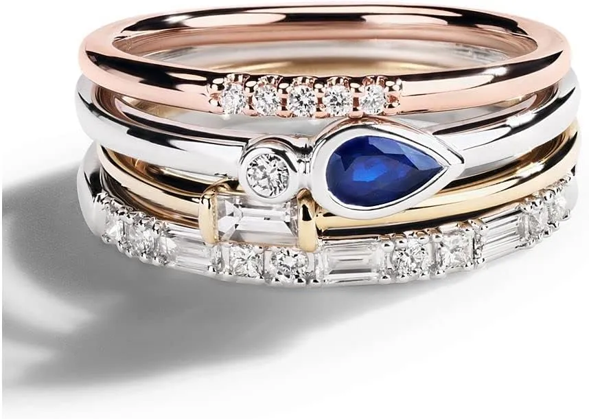 925 Sterling-Silver Stacking Ring Created-Blue Sapphire Faceted Gemstone Gorgeous Bezel-Set Pear-Shaped and a Round White Cubic Zircon Stone for Women Ring US Size 4 to 13