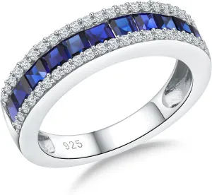 925 Sterling Silver Thick Band Rings for Women Men Channel Set Half Eternity Wedding Anniversary Band Sapphire/Emerald/Ruby/Topaz Gemstone Birthstone Ring Size 6 to 10