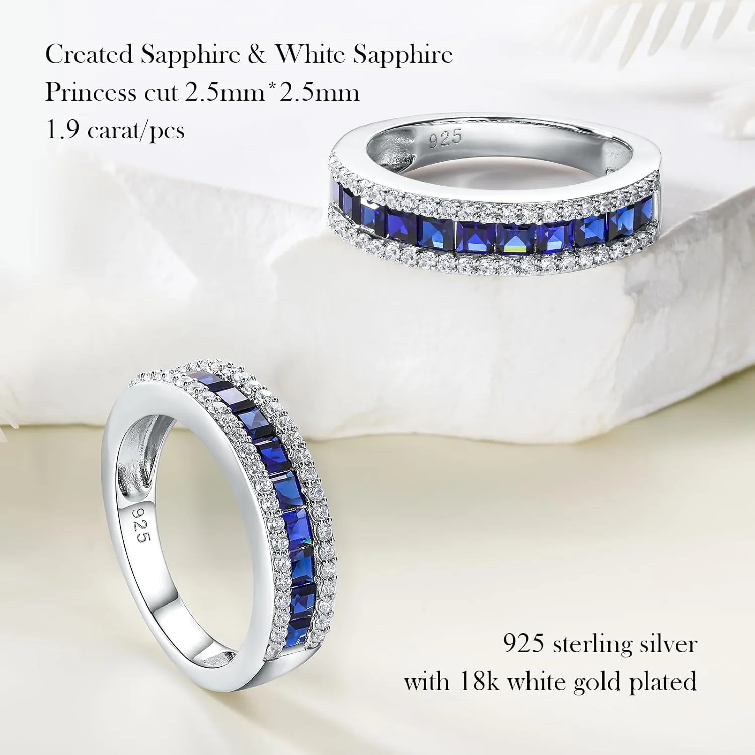 925 Sterling Silver Thick Band Rings for Women Men Channel Set Half Eternity Wedding Anniversary Band Sapphire/Emerald/Ruby/Topaz Gemstone Birthstone Ring Size 6 to 10