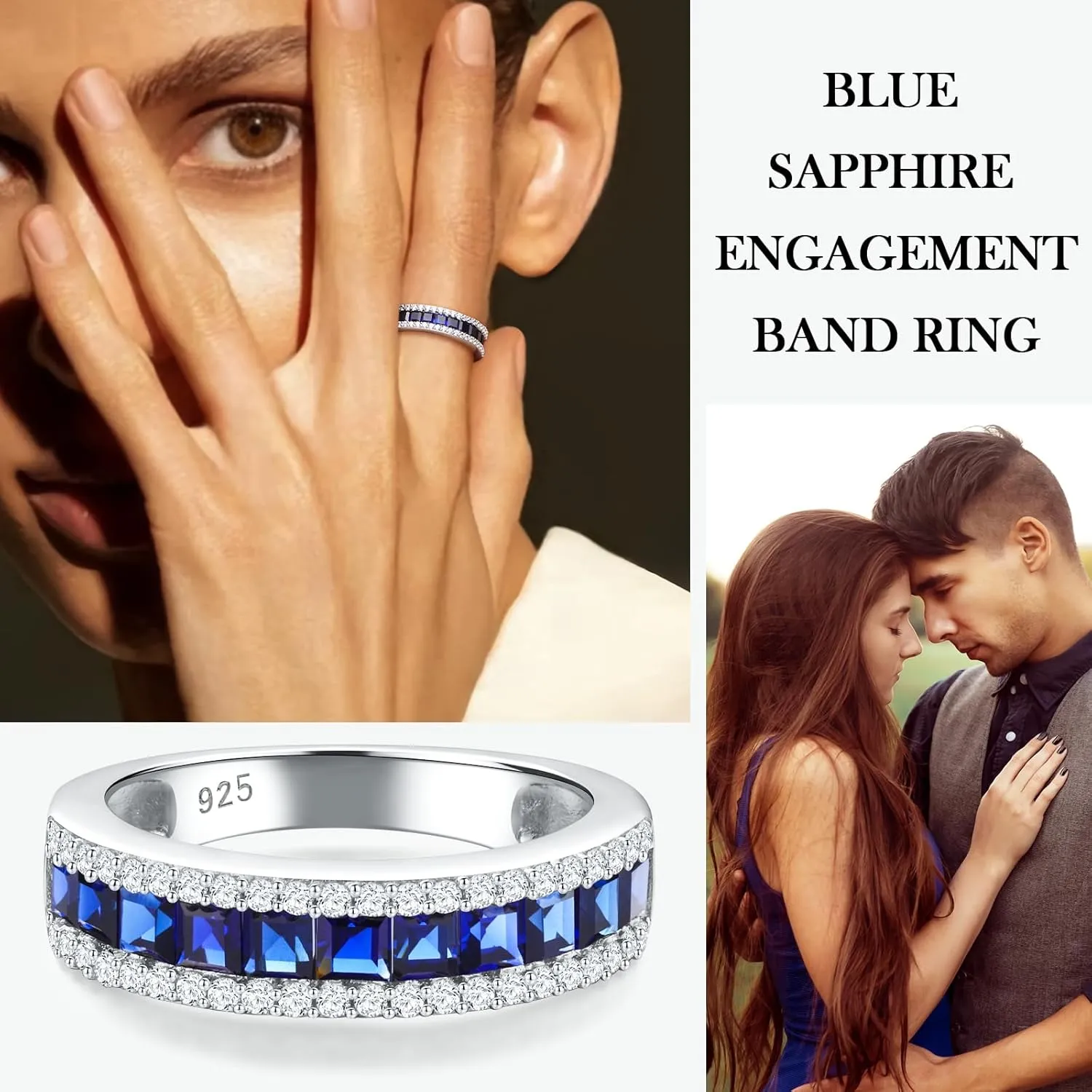 925 Sterling Silver Thick Band Rings for Women Men Channel Set Half Eternity Wedding Anniversary Band Sapphire/Emerald/Ruby/Topaz Gemstone Birthstone Ring Size 6 to 10