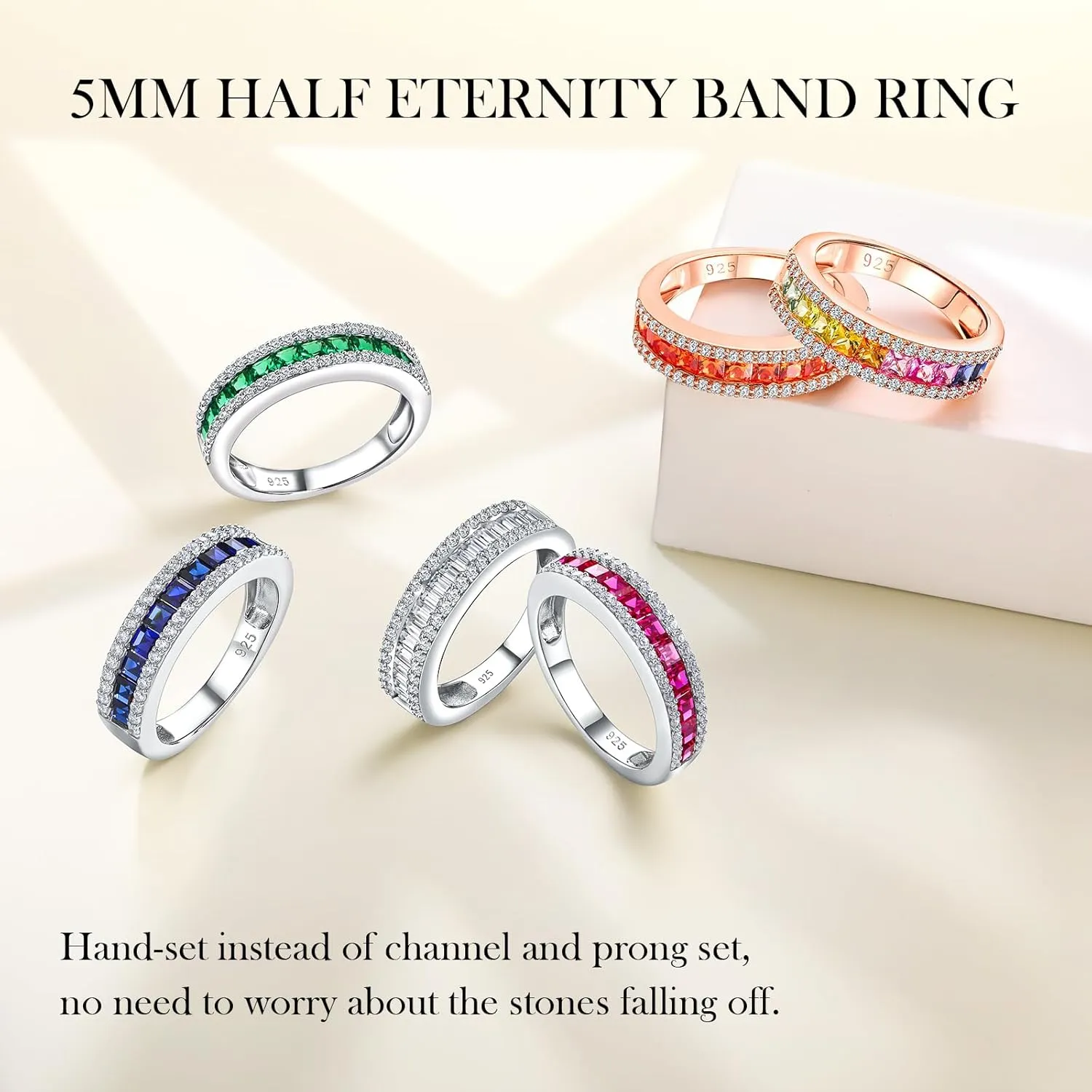 925 Sterling Silver Thick Band Rings for Women Men Channel Set Half Eternity Wedding Anniversary Band Sapphire/Emerald/Ruby/Topaz Gemstone Birthstone Ring Size 6 to 10
