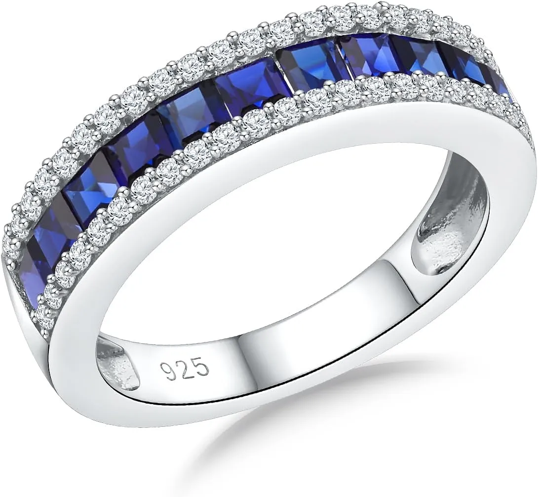 925 Sterling Silver Thick Band Rings for Women Men Channel Set Half Eternity Wedding Anniversary Band Sapphire/Emerald/Ruby/Topaz Gemstone Birthstone Ring Size 6 to 10