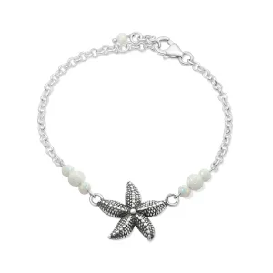 925 Sterling Silver White Opal Bracelet for Women - 3mm Round Beads with StarFish Sterling Silver Charm, Adjustable 16-18cm Chain- Silver Bracelets for Women -Perfect October Birthstone Bracelets Gift