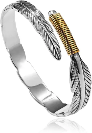 ABJFJE Retro Silver Adjustable Open Bamboo and Feather Cuff Bracelets for Men Vintage Leaf Feather Cuff Bracelet for Men Women Jewelry Gift