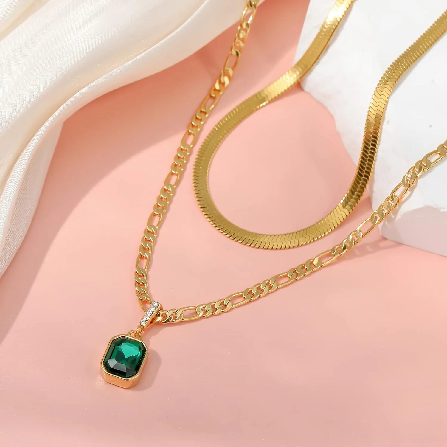 ACECHA Gold Layered Necklaces for Women, 18K Gold Plated Emerald Pendant Rectangle Necklaces for Teen, Layering Choker Necklace Jewelry Gifts