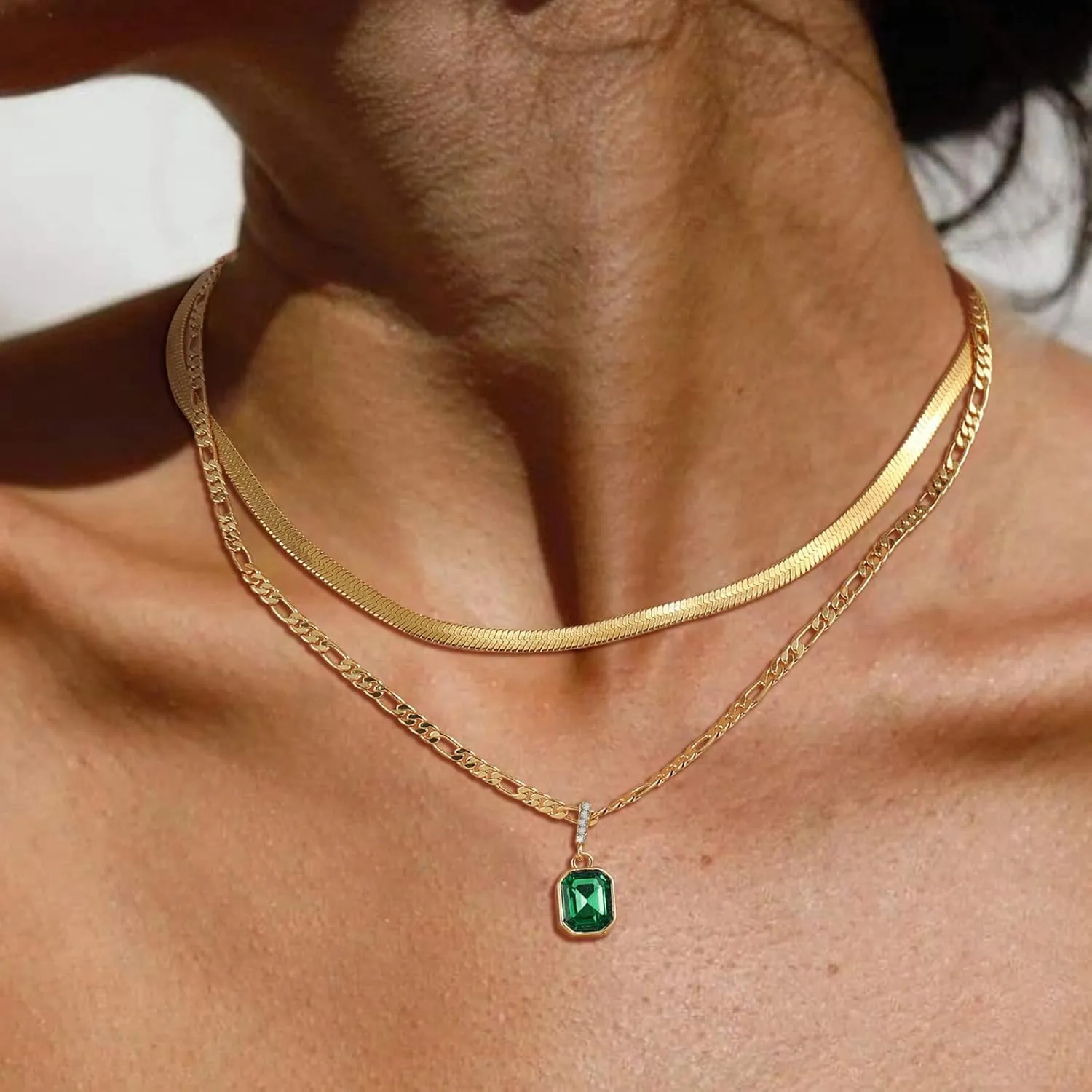 ACECHA Gold Layered Necklaces for Women, 18K Gold Plated Emerald Pendant Rectangle Necklaces for Teen, Layering Choker Necklace Jewelry Gifts
