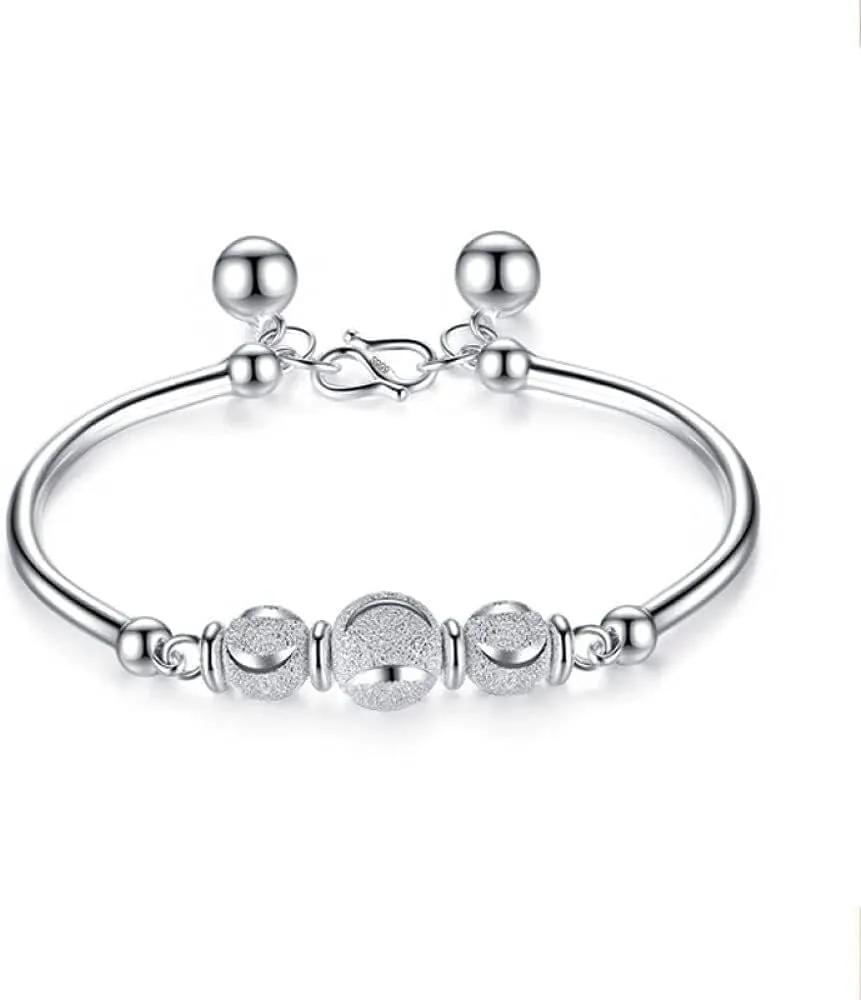 AdjustableSterling Silver Bangle Bracelet, Silver Bangles,Chain Bracelets,Bracelets Silver Bangles for Women Solid 925,Elegant Silver Bracelet for Women 925 Silver Creative Frosted Ball Silver Bangle