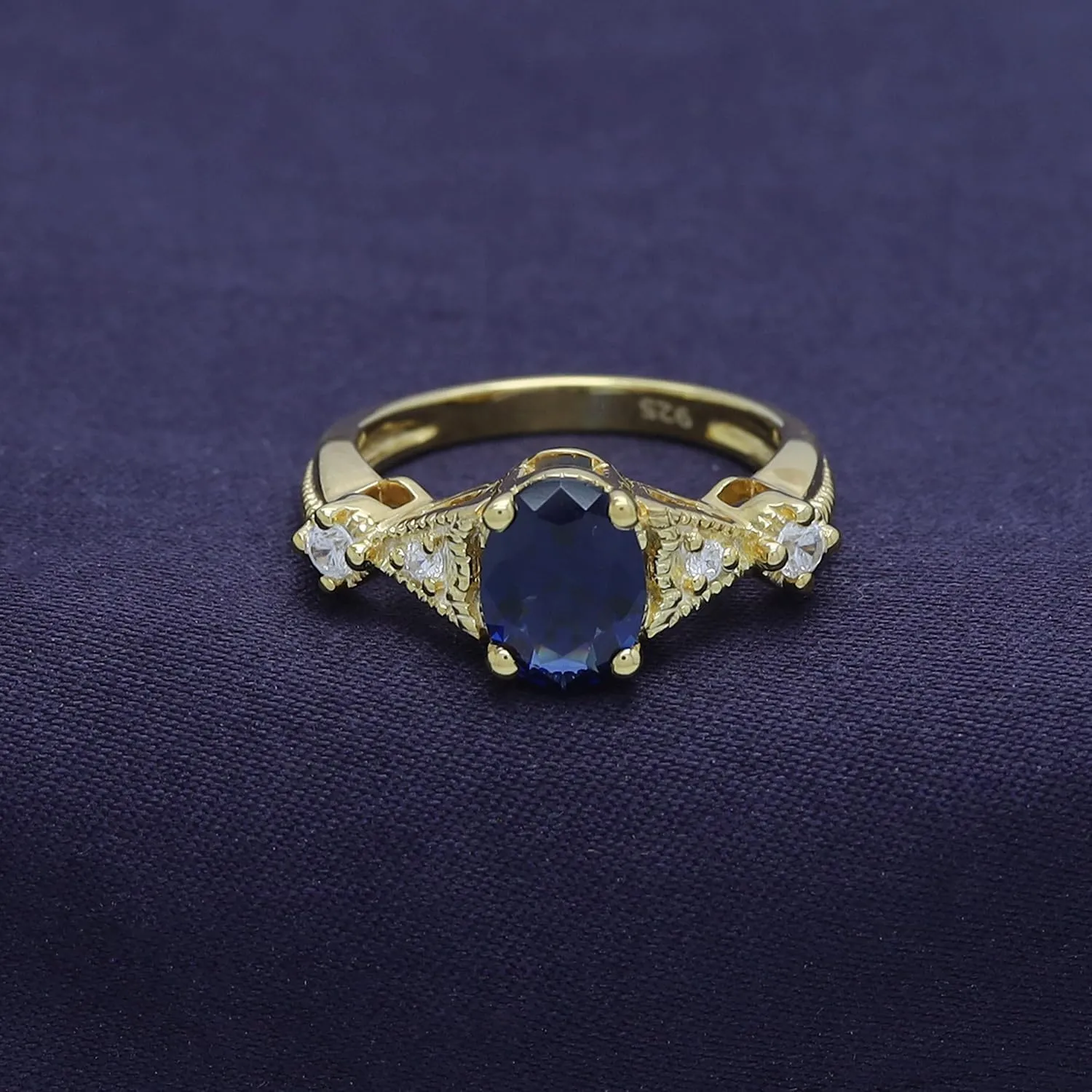 AFFY Oval Cut Simulated Blue Sapphire & Cubic Zirconia Fashion Ring in 14k Gold Over Sterling Silver