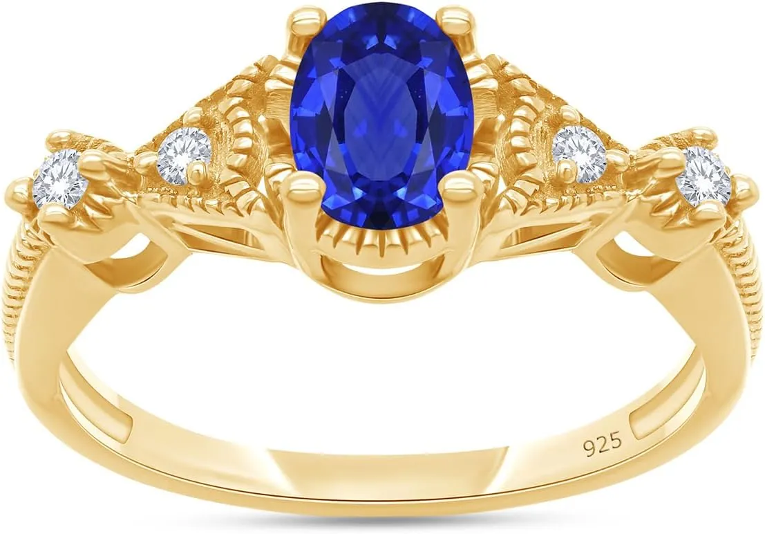 AFFY Oval Cut Simulated Blue Sapphire & Cubic Zirconia Fashion Ring in 14k Gold Over Sterling Silver