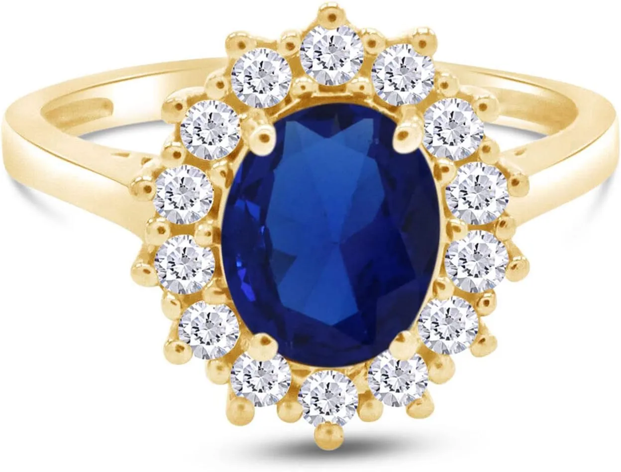 AFFY Oval Cut Simulated Sapphire & Cubic Zirconia Cocktail Ring in 14k Gold Over Sterling Silver