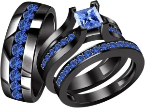 AJU ENTERPRISE Blue Sapphire Diamond Trio Ring Set in 14k Black Gold Vermeil - Couple's September Birth Stone Ring Set - His & Her Wedding Ring Set
