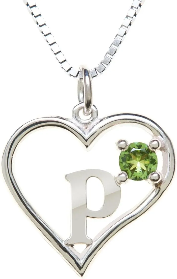 Arbachs Icy Jewelry - Sterling Silver Box Chain Personalized Birthstone Pendant Statement Necklace - Heart & Letter P