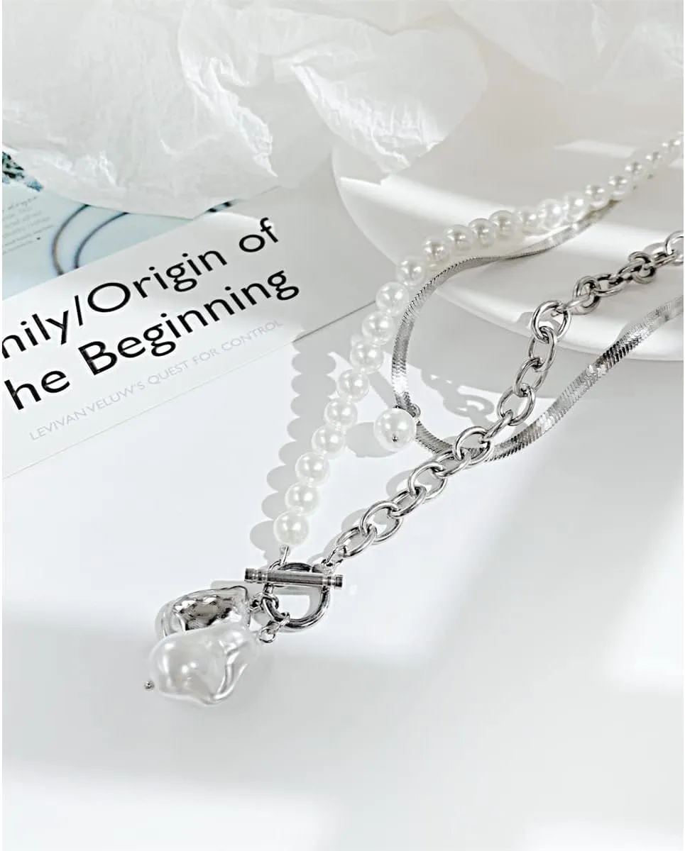 Artificial Pearl Necklaces Retro Titanium Steel Double Layer Splice Snake Chain for Women Gift