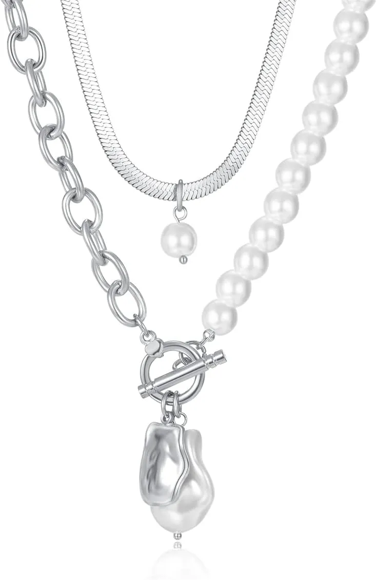 Artificial Pearl Necklaces Retro Titanium Steel Double Layer Splice Snake Chain for Women Gift