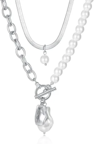 Artificial Pearl Necklaces Retro Titanium Steel Double Layer Splice Snake Chain for Women Gift