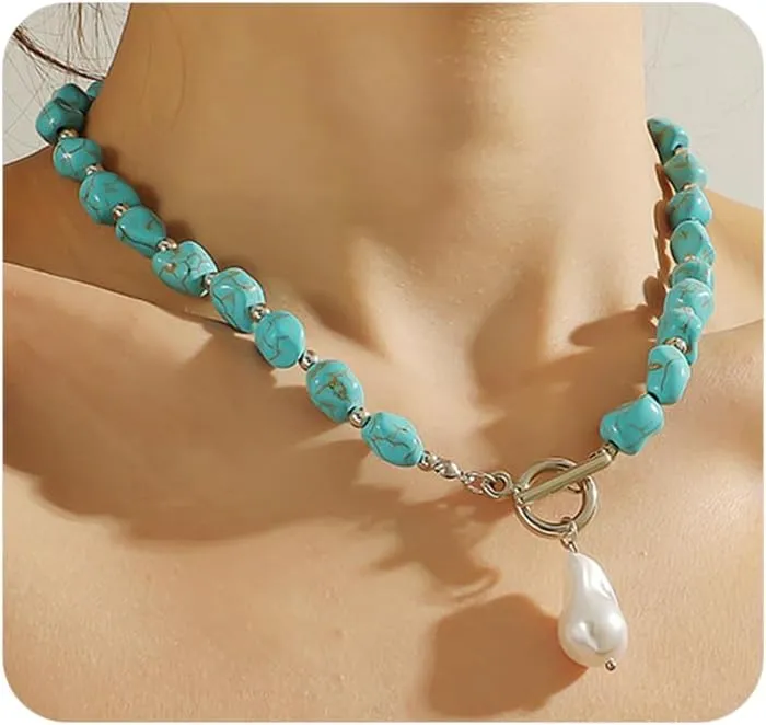 Baoque Pearl OT Turquoise Choker,Vintage Dainty Truquoise Irregular Bead Toggle Necklace,Trendy Pearl Pendant Personalized Collar Necklace for Women