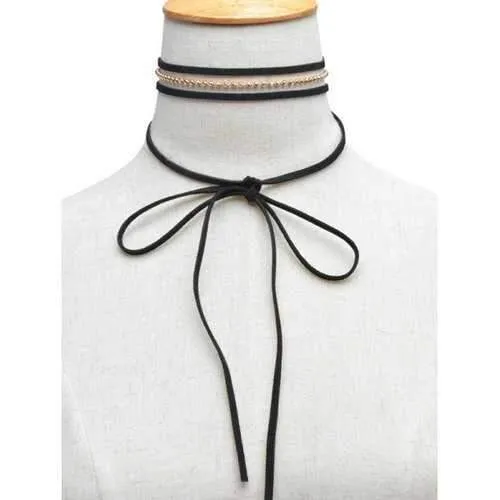 Beads Velvet Layered Necklace - Black