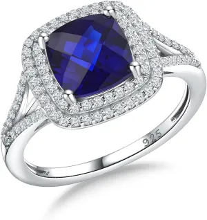 Birthstone Rings for Women 925 Sterling Silver Created Gemstone Cubic Zirconia Ring Heart/Pear/Round/Cushion/Emerald/Oval Engagement Double Halo Ring Size 6 to 10