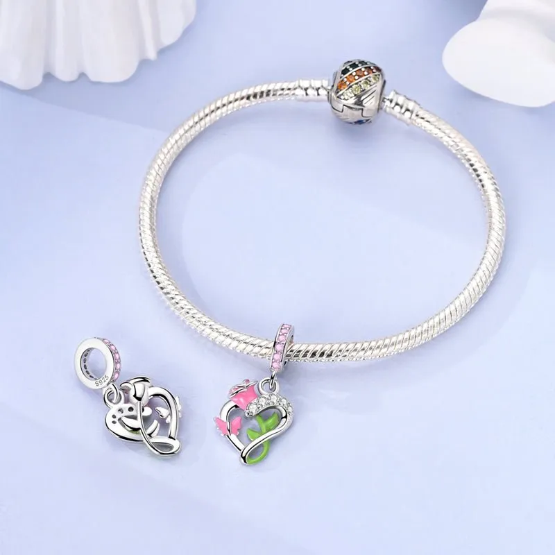Blooming Rose & Butterfly Heart Dangle Charm