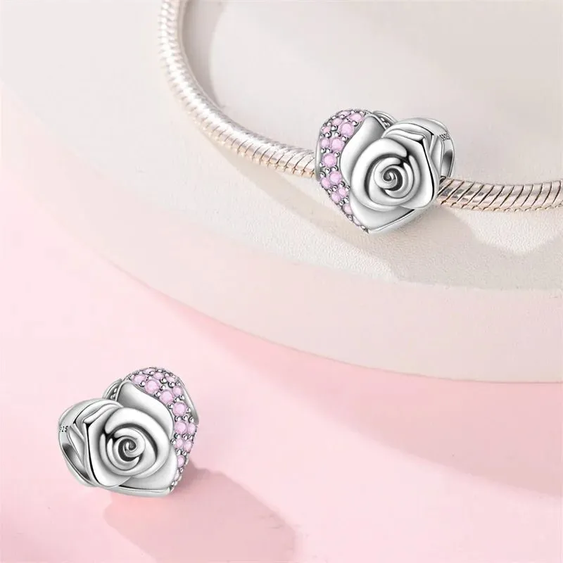 Blooming Rose & Pink Pavé Heart Charm